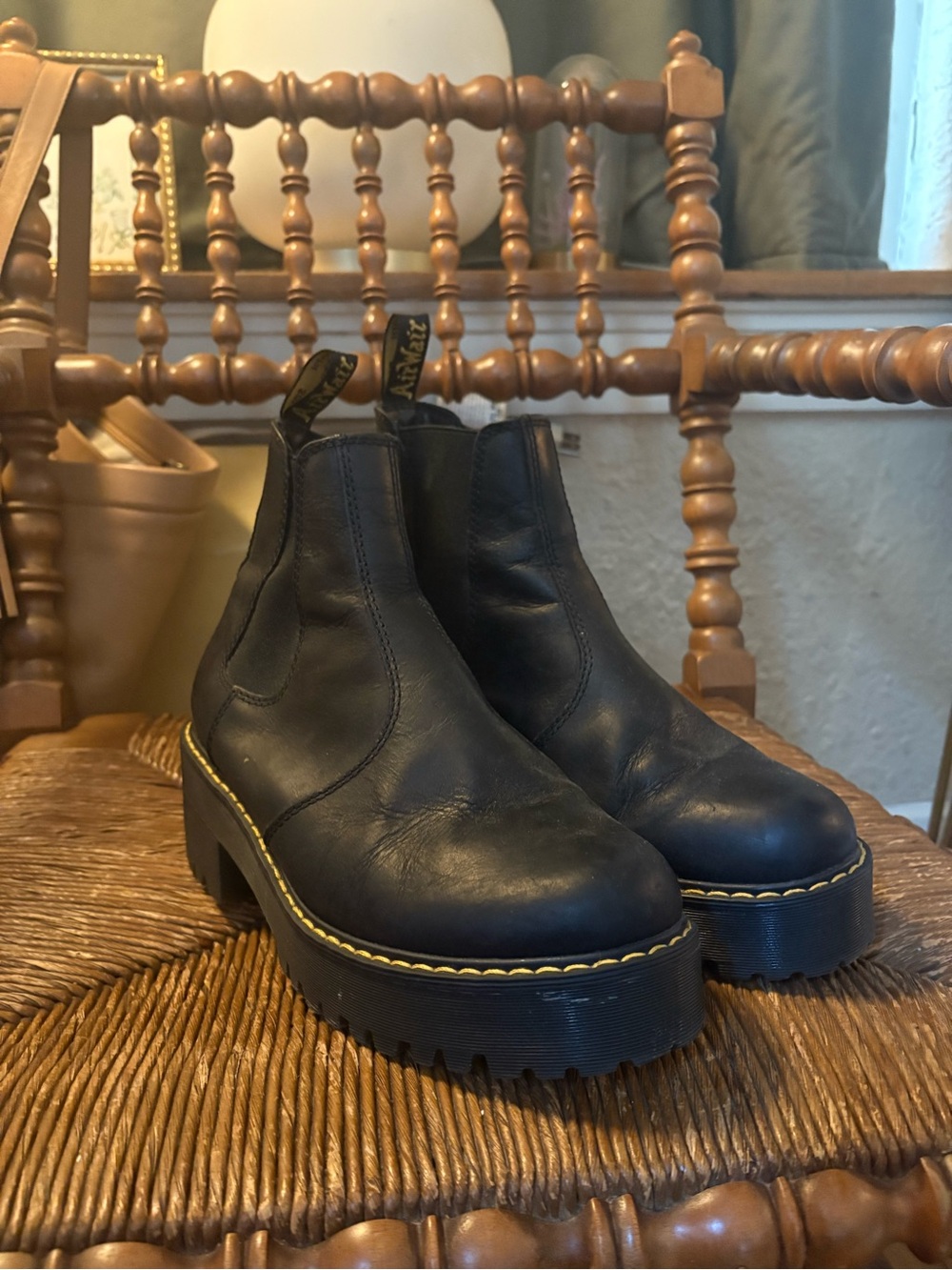 Dr. Martens Rometty Black Leather Platform Chelsea Boots with Yellow Stitching